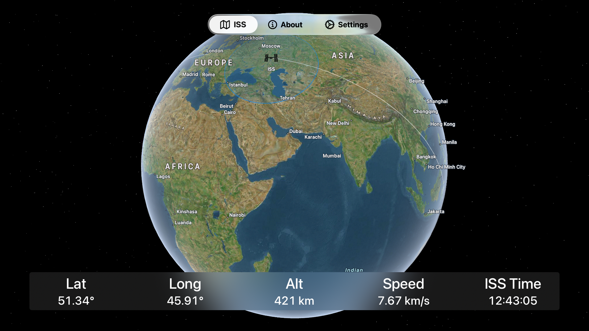 The ISS location on a map of the Earth