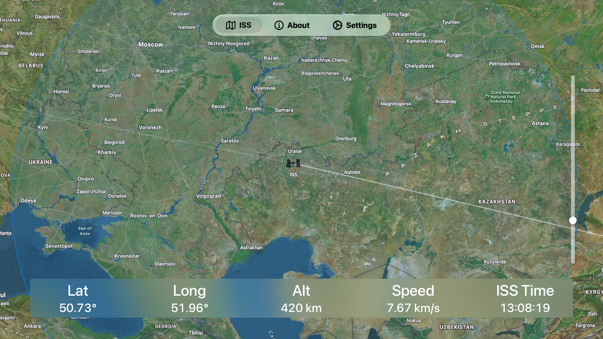 Close up of a map showing the ISS location