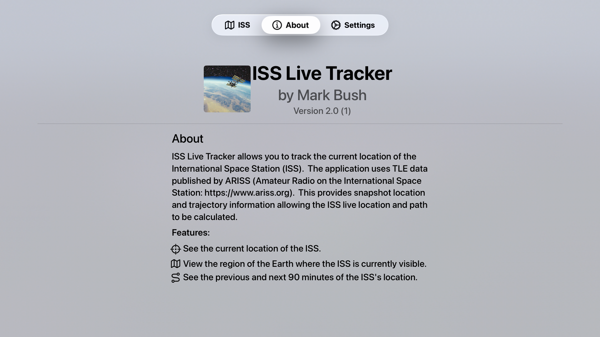 The about screen providing information on the application