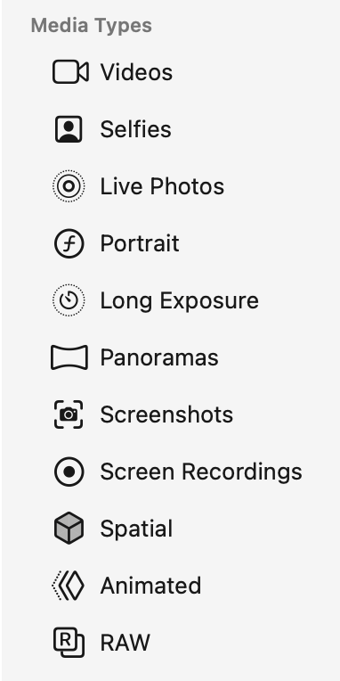 List of media types recognised by the Photos app.